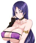  armlet bangs bare_shoulders bikini blush breasts choker cleavage collarbone commentary_request curvy eyepatch_bikini fate/grand_order fate_(series) fingerless_gloves gloves hand_on_own_cheek huge_breasts long_hair looking_at_viewer minamoto_no_raikou_(fate/grand_order) minamoto_no_raikou_(swimsuit_lancer)_(fate) mitsukazu_(nijigen_complex) parted_bangs purple_bikini purple_eyes purple_hair shiny shiny_skin smile solo swimsuit very_long_hair 