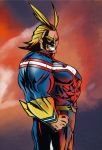  1boy all_might anatomical_nonsense antenna_hair bad_anatomy bad_perspective bad_proportions blonde_hair bodysuit boku_no_hero_academia cowboy_shot eyebrows gradient gradient_background highres mullet muscle parody profile raider_fry rob_liefeld_(style) shaded_face side_glance smile superhero teeth thick_eyebrows thick_outlines 