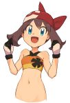  :d alternate_costume bad_id bad_pixiv_id bandana bangs bare_shoulders bikini blue_eyes brown_hair clenched_hands eyebrows eyebrows_visible_through_hair eyelashes floral_print gloves groin hair_between_eyes hands_up haruka_(pokemon) highres long_hair multicolored multicolored_bikini multicolored_clothes multicolored_gloves nyonn24 open_mouth poke_ball_theme pokemon pokemon_(game) pokemon_rse pokemon_xy simple_background smile solo swimsuit white_background 