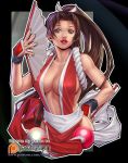  1girl breasts brown_eyes brown_hair cleavage fan fatal_fury folding_fan hand_on_hip high_ponytail holding holding_fan japanese_clothes large_breasts ninja obi pelvic_curtain ponytail red_lips revealing_clothes rope sash shiranui_mai sideboob the_king_of_fighters upper_body wrist_guards xong 