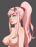  1girl alternate_hairstyle aqua_eyes areolae breasts commission darling_in_the_franxx fizz horns lips looking_at_viewer medium_breasts nipples parted_lips pink_hair ponytail solo topless zero_two_(darling_in_the_franxx) 