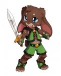  2017 blush cub lagomorph mammal melee_weapon open_mouth rabbit simple_background smile solomale standing sword unrealplace weapon white_background young 