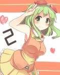  1girl absurdres arm_up armpits bangs belt blush brooch commentary_request goggles goggles_on_head green_eyes green_hair gumi heart highres jewelry orange_shirt pachio_(patioglass) shirt short_hair_with_long_locks skirt sleeveless sleeveless_shirt smile solo v vocaloid yellow_skirt 