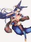  ;d absurdres animal_ears bangs barefoot bell blue_hair blunt_bangs blush breasts erune eyebrows_visible_through_hair fang fox_ears fox_shadow_puppet fox_tail full_body fur fur_trim gloves granblue_fantasy grey_background hair_bell hair_ornament highres jingle_bell large_breasts long_hair looking_at_viewer navel one_eye_closed open_mouth red_eyes simple_background smile solo tail takinashi_(friend_coffee) thighhighs toeless_legwear very_long_hair yuel_(granblue_fantasy) 