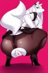  anthro anus blush butt cakewasgood canine clothing easy_access female fox hair hi_res legwear long_hair looking_at_viewer maid_uniform mammal pussy simple_background solo thick_thighs uniform 