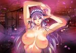  arm_up armpits arms_up blue_eyes breasts breasts_apart broken_window closed_mouth collarbone elf head_tilt highres hisahiko large_breasts long_hair long_pointy_ears looking_at_viewer maid_headdress md5_mismatch nipples nude original own_hands_together petals pointy_ears purple_hair solo upper_body very_long_hair 