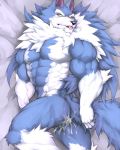  2018 after_sex anthro blue_fur blush butt canine captainjohkid cum cum_on_butt darkstalkers fur holding_tail jon_talbain looking_away male mammal muscular muscular_male neck_tuft nude raised_tail solo tuft video_games were werewolf white_fur wolf yellow_eyes 