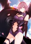  ahoge bare_shoulders blue_sky breasts closed_mouth commentary contrapposto elbow_gloves eyes_visible_through_hair fate/grand_order fate_(series) gloves hair_over_one_eye highres hplay large_breasts leotard mash_kyrielight navel navel_cutout outdoors pink_eyes pink_hair purple_gloves purple_leotard shield short_hair sky solo standing 