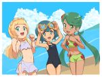  :d alternate_hair_ornament bad_id bad_pixiv_id bare_arms bare_shoulders beach bikini black_swimsuit blue_eyes blue_hair braid breasts bright_pupils clenched_hand cloud crown_braid dark_skin day finger_to_mouth floral_print gen_1_pokemon goggles goggles_on_head green_bikini green_eyes green_hair hair_ornament hand_up hands_up index_finger_raised legs_together lillie_(pokemon) long_hair mao_(pokemon) multiple_girls nyonn24 ocean one-piece_swimsuit open_mouth outdoors pokemon pokemon_(anime) pokemon_sm_(anime) short_hair single_braid small_breasts smile standing staryu strapless strapless_bikini suiren_(pokemon) swimsuit teeth tongue twintails water white_bikini white_pupils 