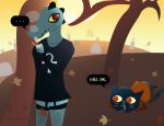  ankh bea_(nitw) blouse blush cat cigar clothing crocodile crocodilian dialogue feline female graveyard leaf legwear lighter looking_at_viewer mae_(nitw) mammal night_in_the_woods red_eyes reptile saliva scalie smoke stockings suggestive sun tombstone tree vandclash vector watermark 