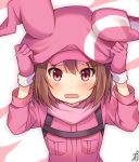  animal_ears animal_hat arms_up bangs blush brown_hair bunny_ears bunny_hat commentary eyebrows_visible_through_hair gloves hair_between_eyes hands_on_headwear hat jacket llenn_(sao) looking_at_viewer omuretsu open_mouth pink_gloves pink_hat pink_jacket purple_eyes signature solo sword_art_online sword_art_online_alternative:_gun_gale_online upper_body wavy_mouth 