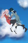  1girl absurdres bangs black_hair black_legwear blush boots brown_footwear cloud cloudy_sky commentary_request couple darling_in_the_franxx falling floating green_eyes hair_ornament hairband hetero highres hiro_(darling_in_the_franxx) holding_hands horns long_hair long_sleeves looking_at_viewer military military_uniform mystery-s necktie oni_horns orange_neckwear pantyhose pink_hair red_horns red_neckwear shoes sky socks uniform white_footwear white_hairband zero_two_(darling_in_the_franxx) 