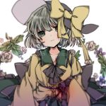  black_hat blood bloody_clothes character_name commentary_request crying crying_with_eyes_open dated flower frilled_shirt_collar frilled_sleeves frills green_eyes green_hair hat hat_ribbon komeiji_koishi long_sleeves purple_flower ribbon sato_imo shirt short_hair sleeves_past_wrists solo tears third_eye touhou white_background white_flower yellow_ribbon yellow_shirt 
