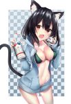 :d animal_ears azur_lane bangs bikini bikini_under_clothes black_hair blue_hoodie blush breasts can cat_ears cat_girl cat_tail checkered checkered_background cleavage collarbone commentary_request drawstring drink eyebrows_visible_through_hair fang giving green_bikini groin hair_between_eyes harenchi heart highres holding holding_can hood hood_down hoodie large_breasts long_hair long_sleeves looking_at_viewer navel open_clothes open_hoodie open_mouth red_eyes sleeves_past_wrists smile solo swimsuit tail tail_raised yamashiro_(azur_lane) 