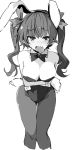  alternate_costume animal_ears arms_under_breasts bangs bare_arms bare_shoulders blush breast_hold breasts bunny_ears bunnysuit cleavage commentary_request cropped_legs detached_collar eyebrows_visible_through_hair feet_out_of_frame greyscale hair_ribbon himekaidou_hatate kamukamu_(ars) large_breasts leaning_forward long_hair looking_at_viewer monochrome open_mouth pantyhose pointy_ears ribbon simple_background solo standing touhou twintails white_background wrist_cuffs 