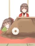  2girls ^_^ brown_hair closed_eyes dotera_(clothes) enemy_lifebuoy_(kantai_collection) eyebrows_visible_through_hair eyes_closed hair_ribbon hyuuga_(kantai_collection) ise_(kantai_collection) kantai_collection kotatsu multiple_girls nontraditional_miko pillow ponytail red_eyes red_ribbon ribbon short_hair smile table twitter_username yuzu_(kimagure_kankitsurui) 