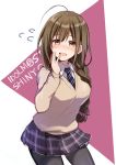  :d ahoge bangs blush bow braid breasts brown_eyes brown_hair cardigan commentary copyright_name eyebrows_visible_through_hair flying_sweatdrops hair_between_eyes hair_bow hand_up idolmaster idolmaster_shiny_colors kuwayama_chiyuki large_breasts long_hair looking_at_viewer miniskirt necktie open_mouth pantyhose plaid plaid_skirt school_uniform single_braid skirt smile striped striped_neckwear sweatdrop yellow_eyes yuukome_(tekunon) 