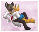  2018 aggressive_retsuko anthro blush clothed clothing cute digital_media_(artwork) duo female fur haida hyena male male/female mammal necktie red_panda retsuko sanrio sidnithefox simple_background 