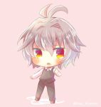  :o antenna_hair bangs black_jacket black_pants blush brown_footwear brown_hair chibi collared_shirt commentary_request eyebrows_visible_through_hair fate/apocrypha fate/grand_order fate_(series) full_body hair_between_eyes jacket kouu_hiyoyo long_sleeves male_focus open_mouth pants pink_background red_eyes shirt sieg_(fate/apocrypha) sleeveless_jacket solo standing twitter_username white_shirt 