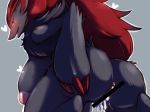  1girl artist_request breasts censored furry nipples open_mouth pokemon pussy solo teal_eyes zoroark 