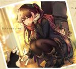  1girl boots cat christmas commentary_request doll feeding food girls_frontline gloves guitar_case instrument_case kalina_(girls_frontline) kneeling necktie pantyhose photo photo_background pierorabu pleated_skirt purple_eyes purple_hair reindeer scarf side_ponytail skirt translation_request wa2000_(girls_frontline) 