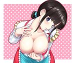  apron bangs black_hair blunt_bangs blush breasts cleavage collarbone highres looking_at_viewer mole nijisanji ponytail purple_eyes solo suzuka_utako wanao 