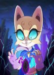  anthro aura blue_sclera cat claws cloak clothing crystals dannyckoo evil_grin fangs feline female gloves glowing mammal smile solo stone stories:_the_path_of_destinies zenobia 