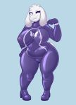  2018 acstlu anthro belly big_breasts biped blue_eyes bodysuit boss_monster breasts caprine clothing digital_media_(artwork) female goat hi_res horn long_ears looking_at_viewer mammal mature_female metroid nintendo nipple_bulge one_eye_closed overweight overweight_female simple_background skinsuit slightly_chubby solo standing thick_thighs tight_clothing toriel undertale video_games voluptuous wide_hips wink zero_suit 