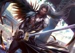  abs black_cape black_wings boots cape feathers fighting_stance final_fantasy final_fantasy_vii holding holding_sword holding_weapon katana long_hair male_focus outdoors pectorals pillar ruins sephiroth shoulder_armor silver_hair single_wing solo sword weapon wings xong yellow_eyes 