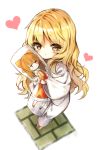  :o bangs barefoot blonde_hair blush brown_eyes commentary dakimakura_(object) eyebrows_visible_through_hair from_above hair_between_eyes hakurei_reimu heart implied_yuri japanese_clothes kimono kirisame_marisa long_hair long_sleeves parted_lips pillow pillow_hug piyokichi solo tatami touhou very_long_hair white_background white_kimono wide_sleeves 