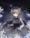  black_dress black_gloves black_hairband danganronpa dress frilled_sleeves frills gloves green_eyes hair_over_one_eye hairband long_sleeves mokanaria necktie new_danganronpa_v3 parted_lips pinafore_dress short_hair silk silver_hair simple_background skirt_hold solo spider_web spider_web_print toujou_kirumi 