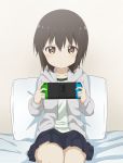  bangs bed_sheet blush brand_name_imitation brown_eyes brown_hair commentary_request eyebrows_visible_through_hair feet_out_of_frame funami_yui game_console handheld_game_console holding_handheld_game_console hood hood_down hooded_jacket indoors jacket joy-con logo_parody long_sleeves looking_at_screen miniskirt nintendo nintendo_switch on_bed open_clothes open_jacket pale_color petite pillow playing_games pleated_skirt raised_eyebrows ren_kon shirt short_hair sitting sketch_eyebrows skirt solo yuru_yuri 