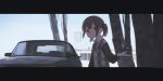  astg blue_sky brown_eyes brown_hair building car car_keys closed_mouth collared_shirt day ground_vehicle highres key letterboxed long_sleeves looking_at_viewer motion_blur motor_vehicle open_hand original outdoors plaid saab shirt short_hair short_twintails sky solo tree twintails vehicle_request watermark web_address white_shirt 