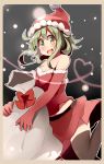  1girl :d absurdres ahoge bangs black_legwear blush border bow brown_border christmas commentary_request fur-trimmed_gloves fur-trimmed_shirt fur_trim gloves green_eyes green_hair gumi hat heart highres open_mouth outline pachio_(patioglass) red_bow red_gloves red_shirt red_skirt sack santa_costume santa_hat shirt short_hair_with_long_locks skirt smile snowing solo thighhighs vocaloid white_outline 