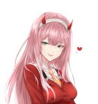  breasts darling_in_the_franxx eyebrows_visible_through_hair green_eyes hairband heart highres horns long_hair looking_at_viewer medium_breasts melings_(aot2846) open_mouth pink_hair red_horns simple_background smile solo uniform upper_body white_background white_hairband zero_two_(darling_in_the_franxx) 