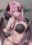  bare_shoulders bikini black_bikini black_bow black_gloves blue_eyes bow breasts bug butterfly butterfly_hair_ornament cleavage covered_nipples draph eyes_visible_through_hair fingerless_gloves gloves granblue_fantasy hair_bow hair_ornament hair_over_one_eye highres hood hood_down horns insect jewelry large_breasts lips long_hair looking_at_viewer mushi024 narmaya_(granblue_fantasy) necklace parted_lips pink_hair pointy_ears revision side-tie_bikini skindentation solo stomach swimsuit 
