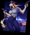 2018 5_fingers angry anthro badge beagle belt big_breasts blue_eyes breasts canine clothed clothing digital_media_(artwork) dog female fully_clothed gun landysh mammal officer police police_uniform ranged_weapon solo solo_focus uniform weapon 