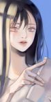  artist_name bad_id bad_pixiv_id bangs black_hair blue_background book grey_eyes hair_between_eyes hands highres holding holding_book korean lips long_hair looking_at_viewer minncn original serious shirt simple_background solo translation_request white_shirt 