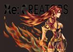  blue_eyes braid breasts cleavage cleavage_cutout earrings fire flaming_sword from_side gloves hair_lift highres holding holding_sword holding_weapon jewelry kouichi09 large_breasts long_hair multicolored_hair open_mouth profile re:creators red_hair selesia_upitiria solo sword title twin_braids two-tone_hair weapon 
