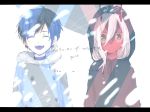  1boy 1girl bandage black_cloak black_hair cloak coat couple crying crying_with_eyes_open darling_in_the_franxx eyes_closed fringe fur_trim green_eyes grey_coat hetero hiro_(darling_in_the_franxx) hood hood_up hooded_cloak horns letterboxed long_hair oni_horns parka pink_hair red_horns red_pupils red_sclera red_skin senyuarr short_hair tears translation_request winter_clothes winter_coat younger zero_two_(darling_in_the_franxx) 