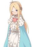  ;) abigail_williams_(fate/grand_order) absurdres anastasia_(fate/grand_order) anastasia_(fate/grand_order)_(cosplay) bangs blonde_hair blue_cloak blue_eyes blush brown_hairband brown_ribbon cloak closed_mouth collarbone cosplay dress eyebrows_visible_through_hair fate/grand_order fate_(series) forehead hair_ribbon hairband highres long_hair looking_at_viewer mitchi nose_blush object_hug one_eye_closed parted_bangs ribbon royal_robe simple_background smile solo stuffed_animal stuffed_toy teddy_bear very_long_hair white_background white_dress 