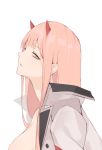  blue_eyes breasts darling_in_the_franxx grey_jacket horns jacket jacket_on_shoulders looking_at_viewer pink_hair red_horns reroi simple_background solo upper_body white_background zero_two_(darling_in_the_franxx) 