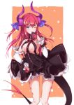  alternate_breast_size asymmetrical_horns blue_eyes blush breasts commentary_request curled_horns detached_sleeves dragon_girl dragon_horns dragon_tail dress elizabeth_bathory_(fate) elizabeth_bathory_(fate)_(all) eyebrows_visible_through_hair fate/grand_order fate_(series) hair_between_eyes hair_ribbon hand_on_hip highres horns licking long_hair long_sleeves medium_breasts one_eye_closed open_mouth panties pantyshot purple_ribbon red_hair ribbon sleeveless sleeveless_dress solo striped striped_panties tail tenmoon two_side_up underwear 