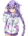  blue_eyes blush braid choker cosplay embarrassed hair_ornament himajin_(starmine) hood hood_down hooded_jacket jacket long_hair looking_to_the_side neptune_(choujigen_game_neptune) neptune_(choujigen_game_neptune)_(cosplay) neptune_(series) purple_hair purple_heart simple_background symbol-shaped_pupils twin_braids very_long_hair white_background 