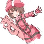  animal_ears animal_hat bangs blush brown_eyes brown_hair bullpup bunny_ears bunny_hat commentary_request dutch_angle eyebrows_visible_through_hair fur-trimmed_gloves fur_trim gloves gun hat holding holding_gun holding_weapon jacket llenn_(sao) long_sleeves looking_at_viewer malice_stella open_mouth outstretched_arm p-chan_(p-90) p90 pants pink_gloves pink_hat pink_jacket pink_pants short_hair simple_background sketch solo submachine_gun sword_art_online sword_art_online_alternative:_gun_gale_online v-shaped_eyebrows weapon white_background 