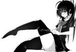  adjusting_clothes adjusting_legwear against_wall antenna_hair asymmetrical_wings black_dress black_hair black_legwear bow bowtie dress houjuu_nue kamukamu_(ars) leg_up looking_at_viewer monochrome open_mouth pointy_ears short_hair short_sleeves sitting solo touhou wings 
