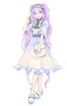  adjusting_hair alternate_costume bag black_ribbon commentary_request dress fate/grand_order fate/hollow_ataraxia fate_(series) full_body hairband highres holding holding_bag lolita_hairband long_hair open_mouth purple_eyes purple_hair ribbon short_sleeves solo stheno very_long_hair white_background white_dress white_footwear zaco 