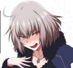  ahoge blush commentary_request eyebrows_visible_through_hair fate/grand_order fate_(series) feather_trim grey_hair ikeshita_moyuko jacket jeanne_d'arc_(alter)_(fate) jeanne_d'arc_(fate)_(all) jewelry long_sleeves necklace nose_blush open_mouth smirk solo upper_body white_background yellow_eyes 