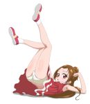  arm_up ass blush brown_hair commentary_request dokidoki!_precure dress full_body legs_up long_hair looking_at_viewer lying madoka_aguri on_back one_side_up panties parted_lips pleated_dress precure red_dress red_eyes red_footwear shadow shiny shiny_skin shoes socks solo thighs trg-_(sain) underwear very_long_hair white_background white_legwear white_panties 