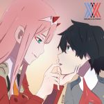  1girl bangs black_hair blue_eyes commentary couple darling_in_the_franxx finger_in_mouth from_side green_eyes hair_ornament hairband hand_on_another's_chin hand_on_another's_mouth hetero hiro_(darling_in_the_franxx) horns long_hair long_sleeves looking_at_another military military_uniform necktie oni_horns orange_neckwear pink_hair red_horns red_neckwear sesuwi signature uniform white_hairband zero_two_(darling_in_the_franxx) 
